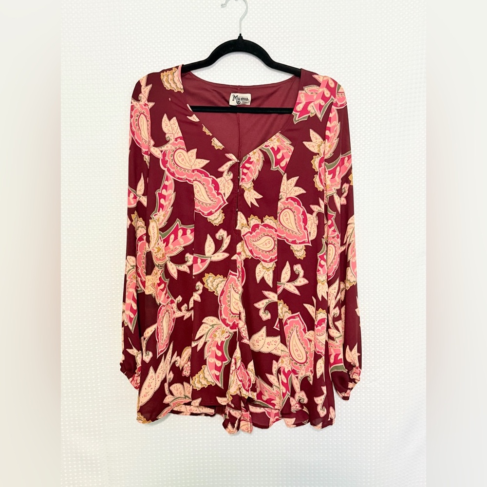 Show Me Your Mumu V-Neck Tie Back Paisley Romper Vino Vine Long Sleeve | Small - Picture 5 of 9